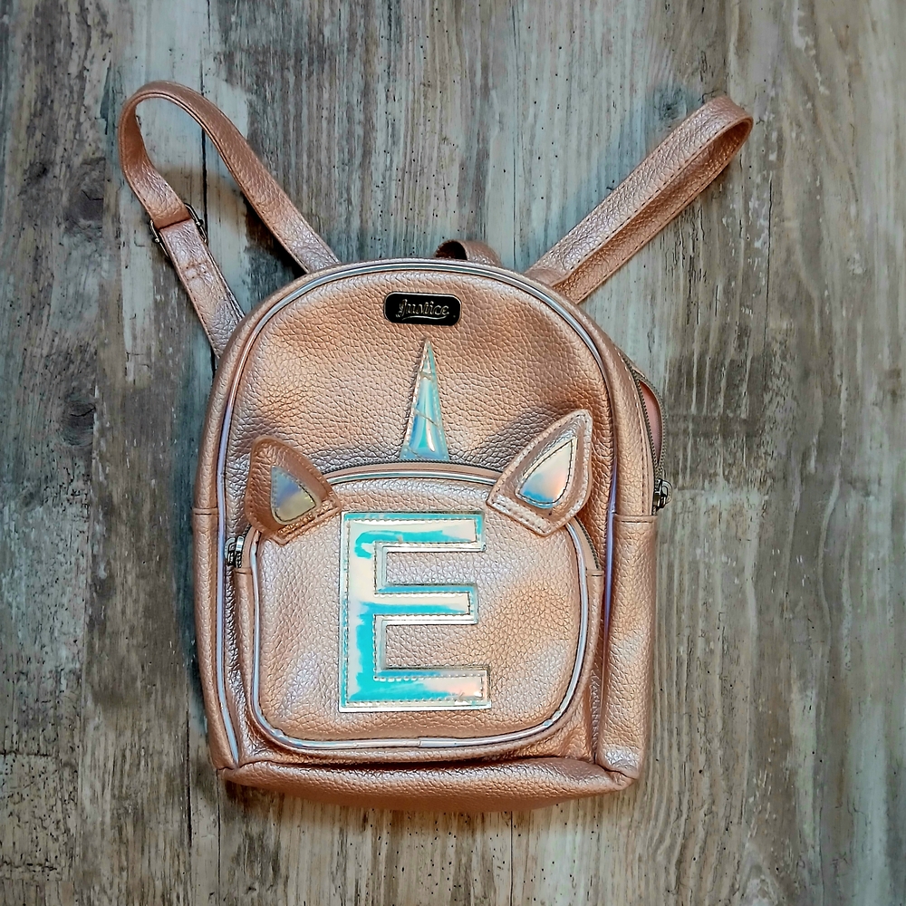 Justice Letter E Girls Unicorn Bag Backpack in Metallic Rose Gold